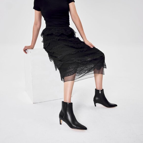 Women's Matte Black Pointed Toe Ankle Boots Side Zipper Low Kitten Heel Booties - Picture 2 of 6